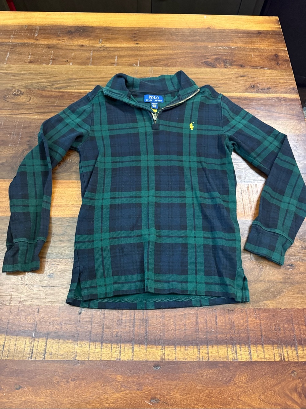 Polo Ralph Lauren Boys M 10-12 Black Watch Plaid Quarter Zip Pullover Green Navy